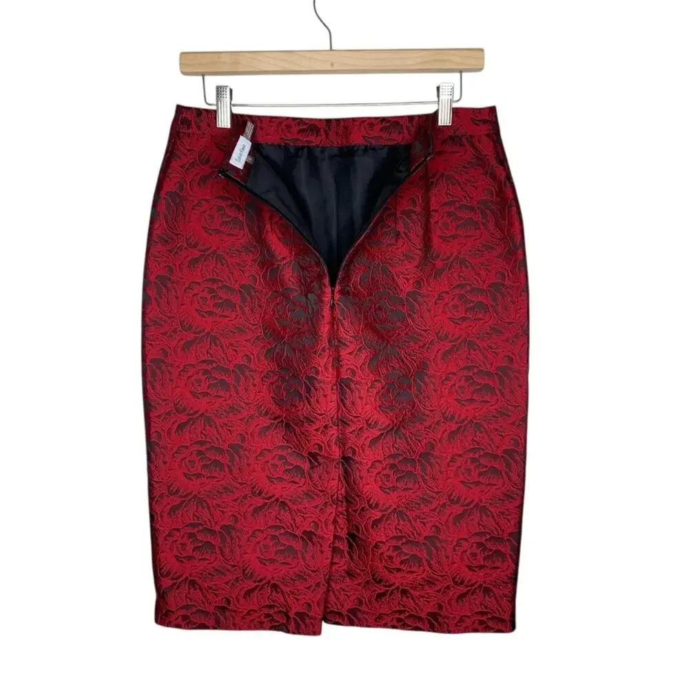 Calvin Klein Jacquard Roses Pencil Skirt 6 Black Red Dark Floral Vamp Party - Picture 5 of 12